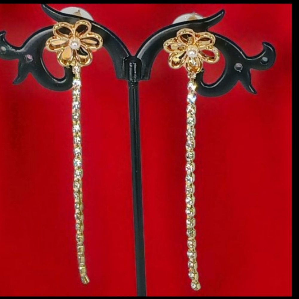 Gold Flower Rhinestone Linear Drop Earrings Pearl Luxe Bling Modern Retro Glam